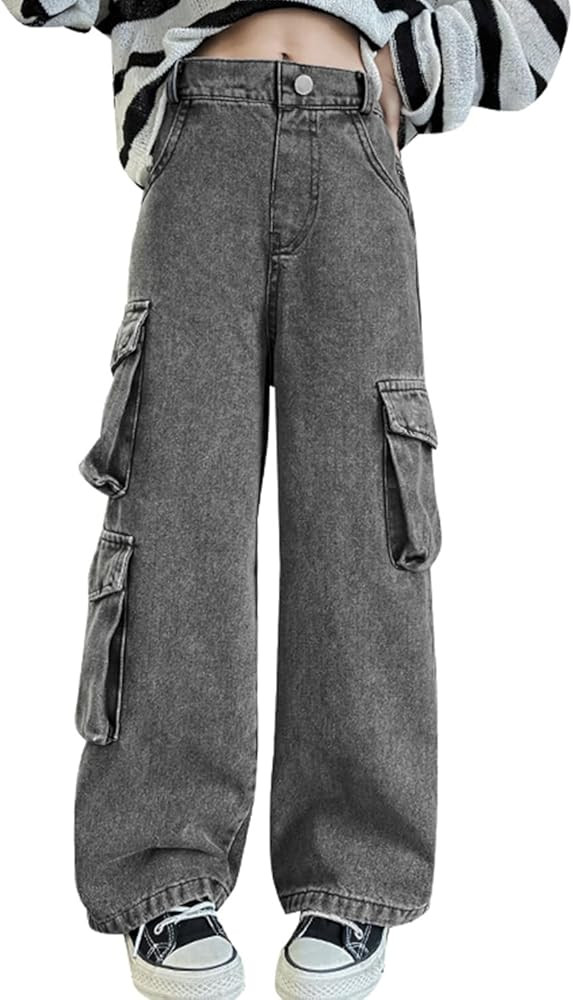 AOWKULAE Girls Jeans Elastic Waist Wide Leg Pants Kids Jeans 4-14 Years | Amazon (US)