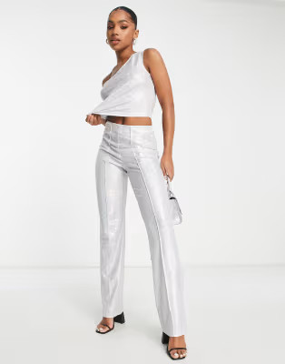 Pieces Premium holographic one shoulder top & flare trousers co-ord in silver | ASOS (Global)