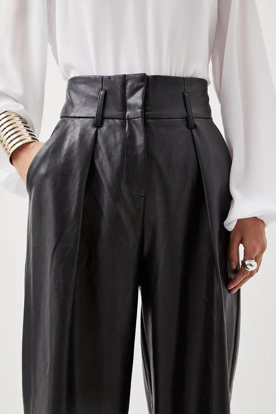 Faux Leather High Waisted Wide Leg Trousers | Karen Millen UK + IE + DE + NL