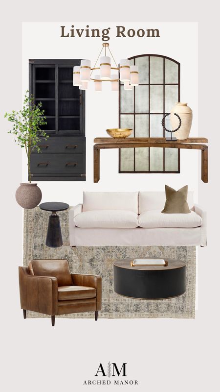 Living room furniture and home decor in a mood board design! Coffee table, sofa, leather chair, console table, bookshelf, rug, floor length mirror 

#LTKstyletip #LTKhome #LTKsalealert
