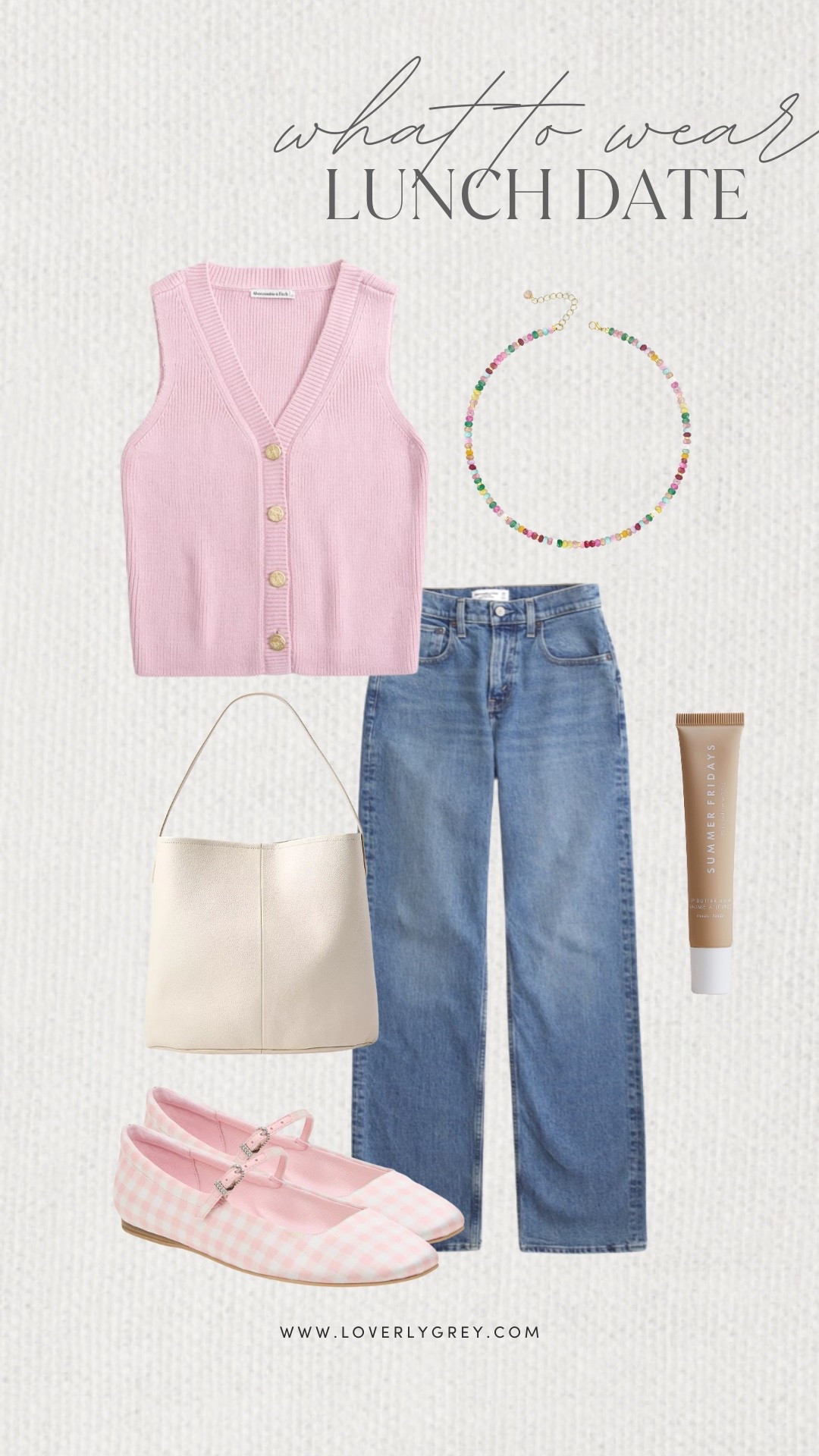 Loverly Grey, what to wear for a lunch date. This cute pink vest pairs perfectly with the high waisted Abercrombie denim jeans. Add a fun pair of gingham Mary Jane flats, a colorful beaded necklace, and simple white purse to complete the look. Loverly Grey, what to wear, lunch date

#LTKgrwm #LTKSeasonal #LTKootd