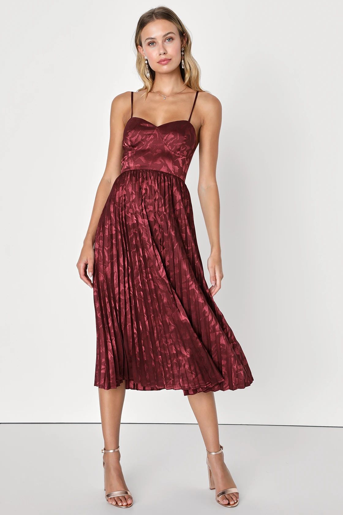 Chic Sensibility Burgundy Satin Jacquard Pleated Midi Dress | Lulus (US)