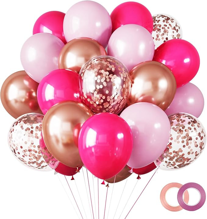 RUBFAC 65 Pcs 12 Inches Pink Balloon Arch Garland Kit, Hot Pink Rose Gold Chrome Balloons for Val... | Amazon (US)