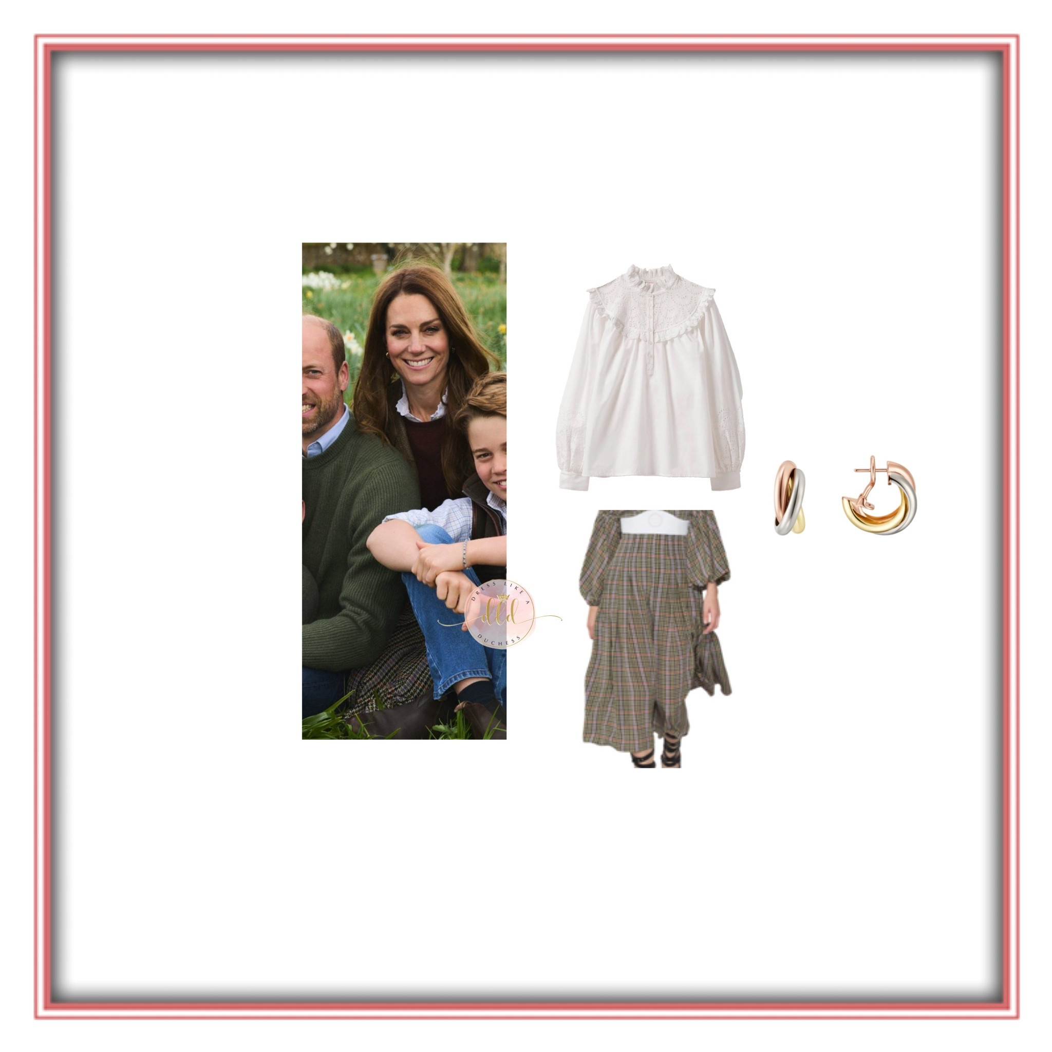 12/18/25 Kate Middleton in Boden broderie shirt (past season) + Emilia Wickstead skirt + Cartier Trinity earrings for the Wales family Christmas card 2025 