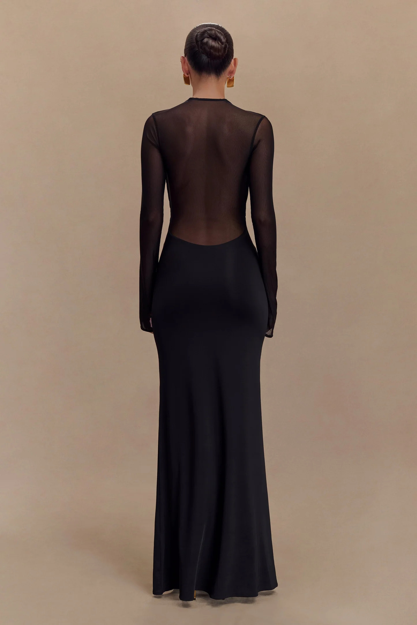 Tania Slinky And Mesh Long Sleeve Maxi Dress - Black | MESHKI US