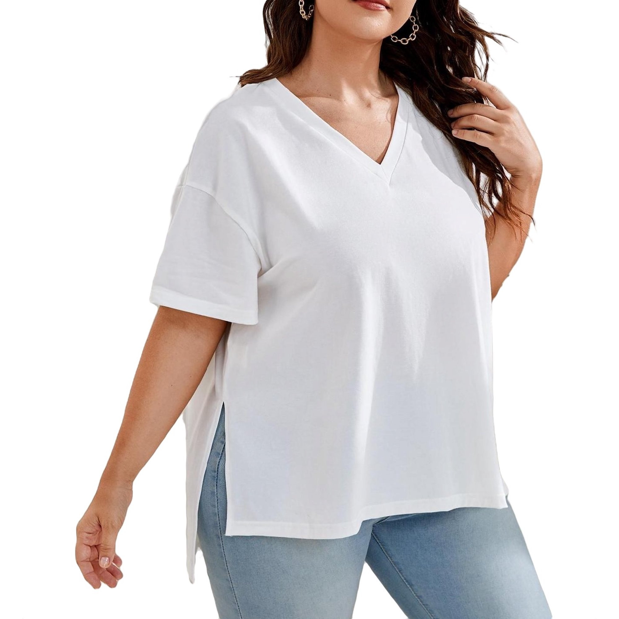 Casual Solid V neck Short Sleeve White Plus Size T-shirts (Women's) | Walmart (US)
