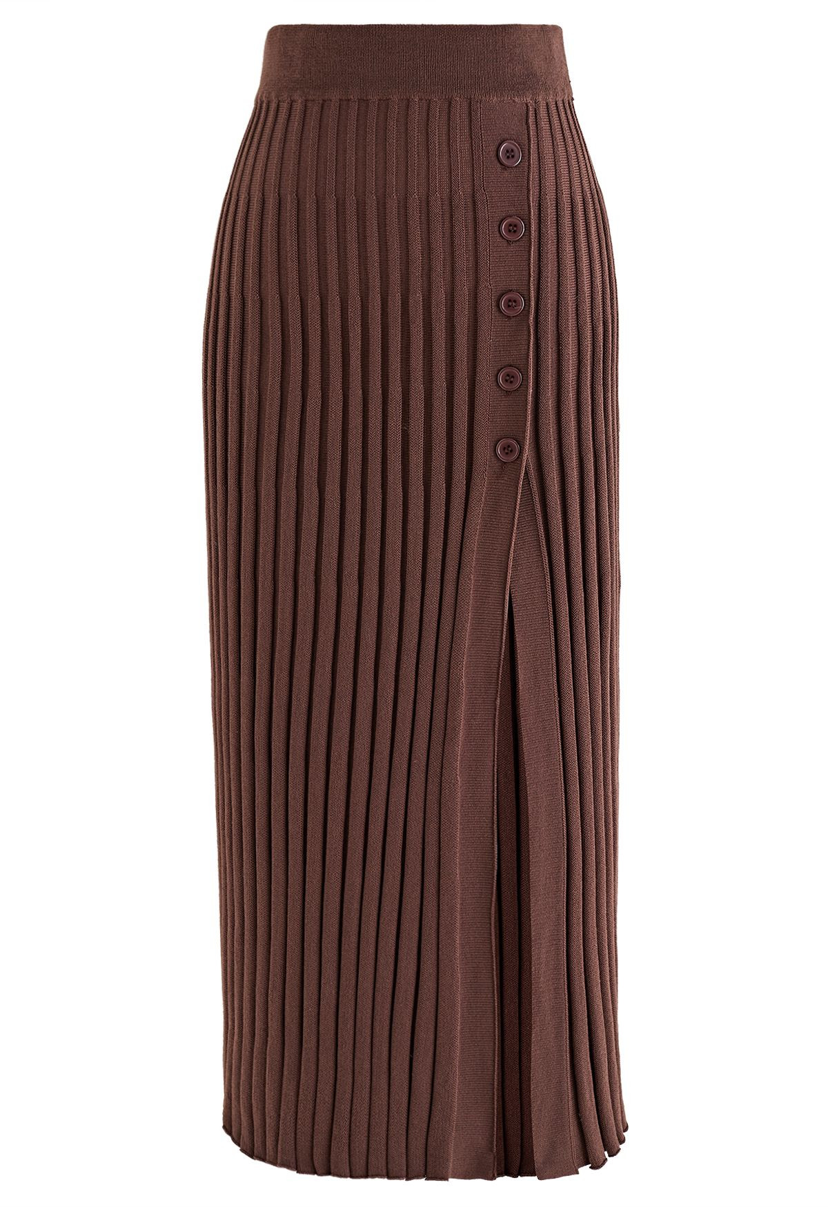 Buttoned Front Slit Rib Knit Skirt in Brown | Chicwish