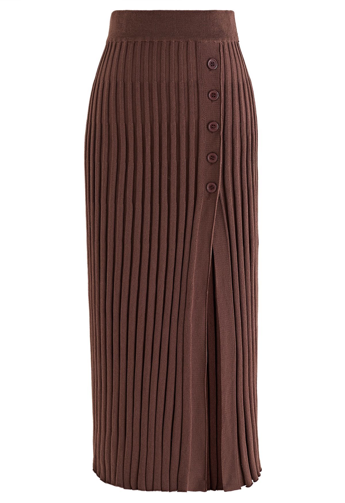 Buttoned Front Slit Rib Knit Skirt in Brown | Chicwish