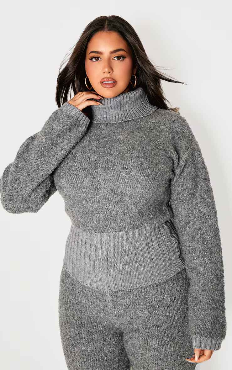 Plus Charcoal Contrast Textured Foldover Sweater | PrettyLittleThing US