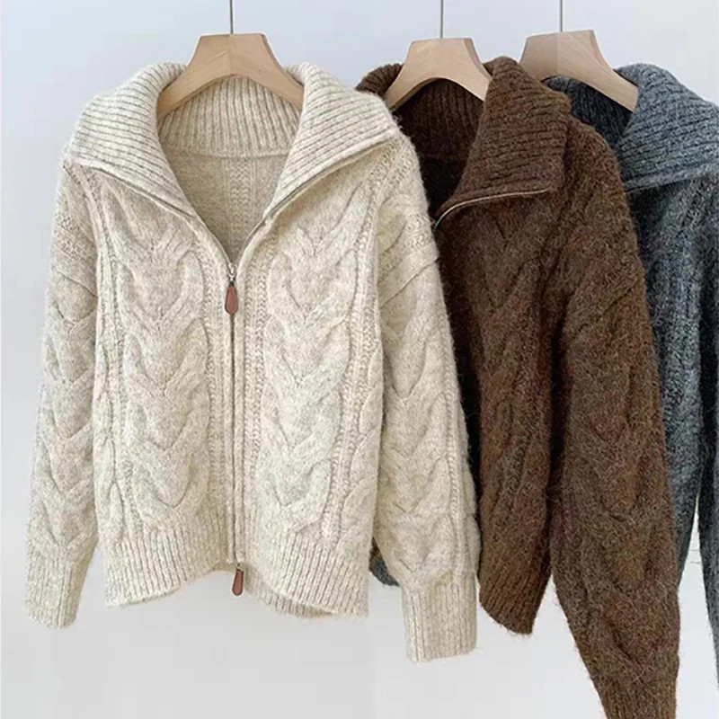 Retro Solid Color Double Zipper Turn-down Collar Sweater Women Autumn Winter New Lazy Style Loose... | AliExpress (US)