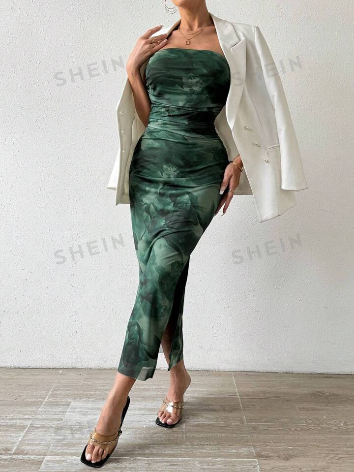 SHEIN Privé Tie Dye Split Thigh Tube Bodycon Dress | SHEIN