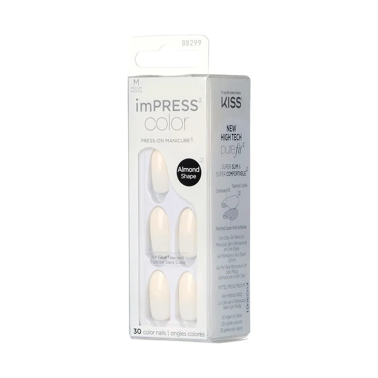KISS imPRESS No Glue Mani Press On Nails, Color, 'Ballroom', White, Medium Size, Almond Shape, In... | Walmart (US)