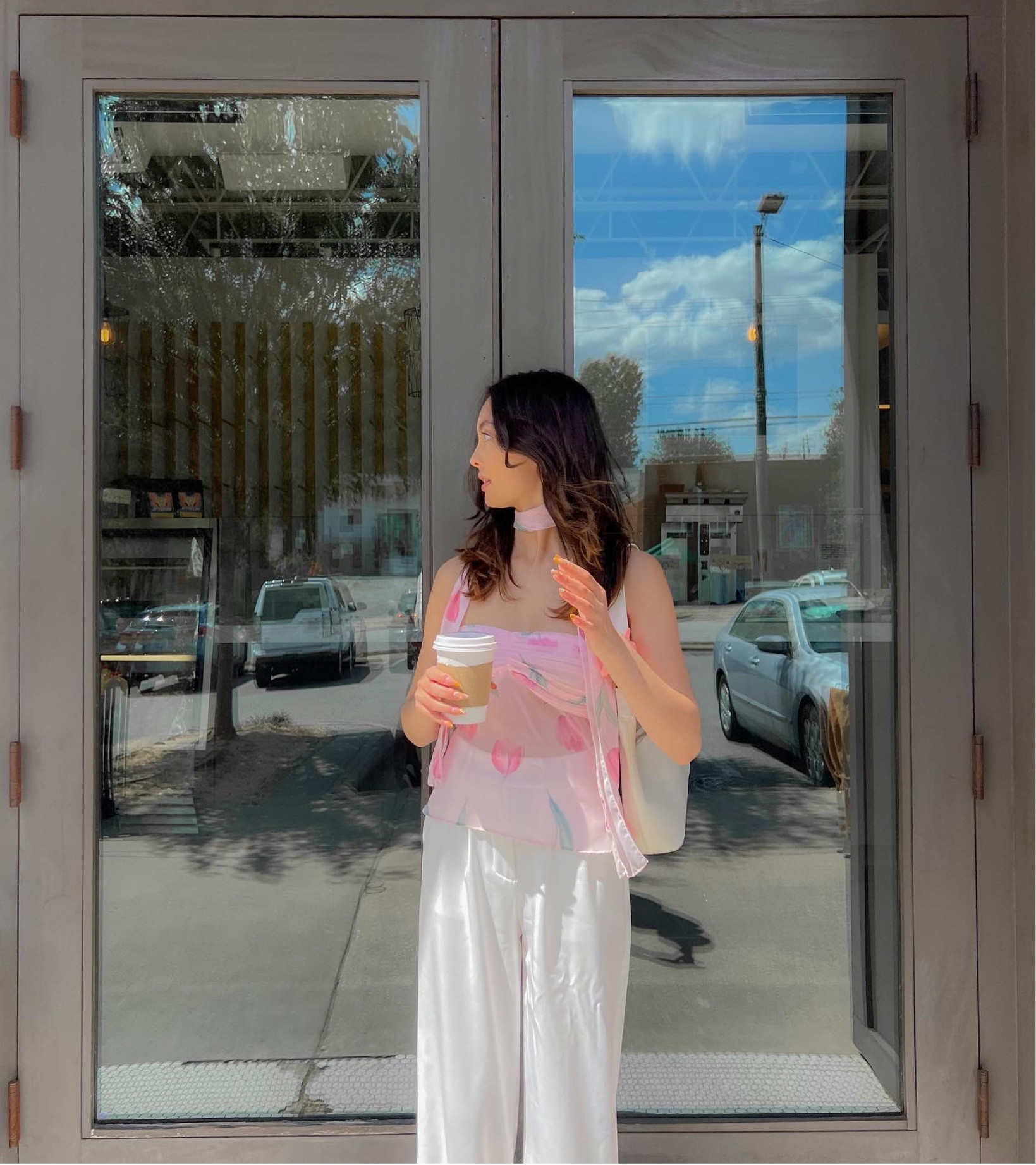 floral pink strapless top sheer with matching mini scarf + white satin pants + white shoulder purse 