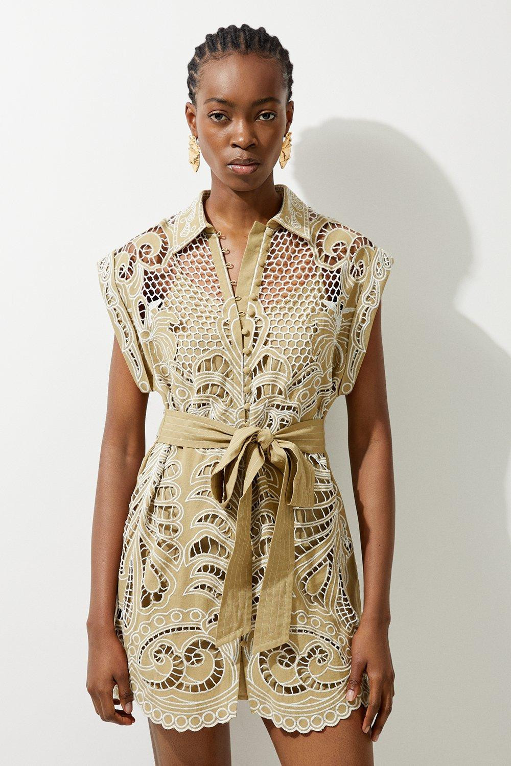 Linen Cutwork Embroidery Woven Mini Dress | Karen Millen UK + IE + DE + NL