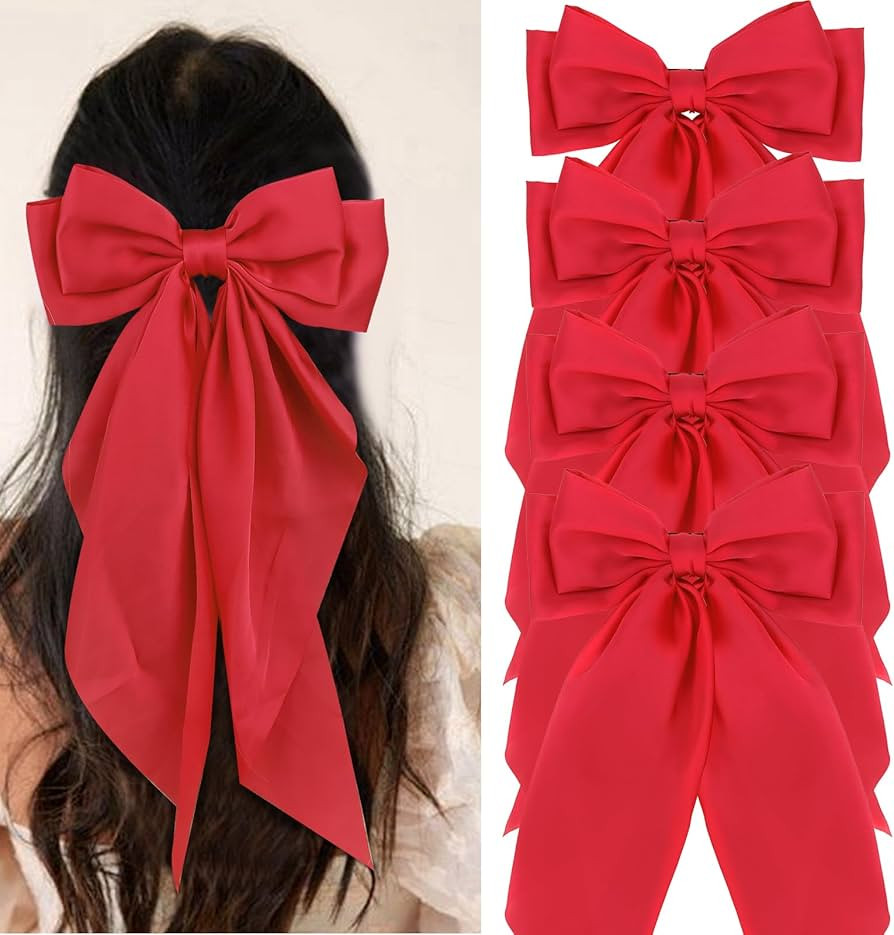 Wecoe 4pcs Big Hair Bows For Women Red Satin Bows Hair Barrettes Cute Large Christmas Hair Bow Cl... | Amazon (US)