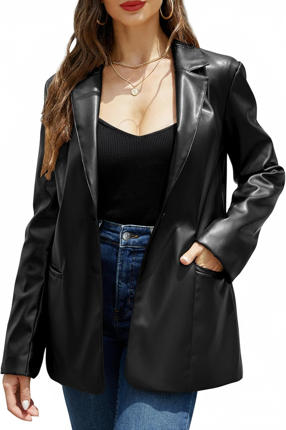 RISISSIDA Women Faux Leather Blazer Jacket,Soft PLeather PU Coat | Amazon (US)
