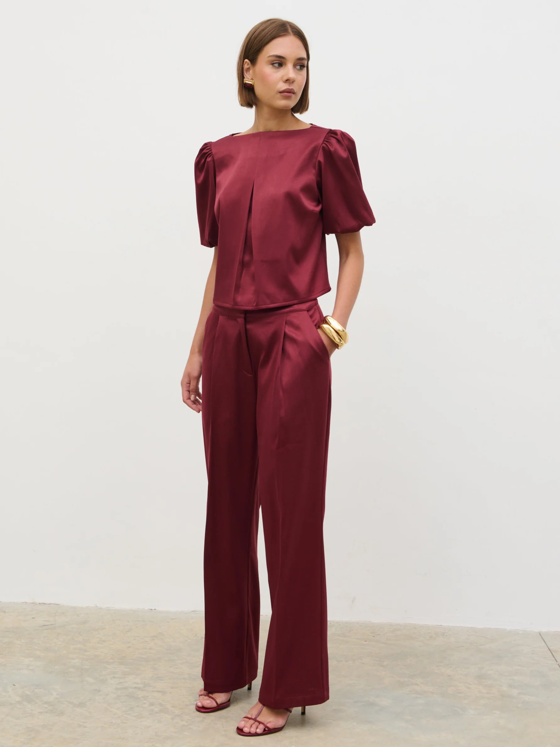Lorah Puff Sleeve Bonded Satin Top - Wine | Pretty Lavish (UK)