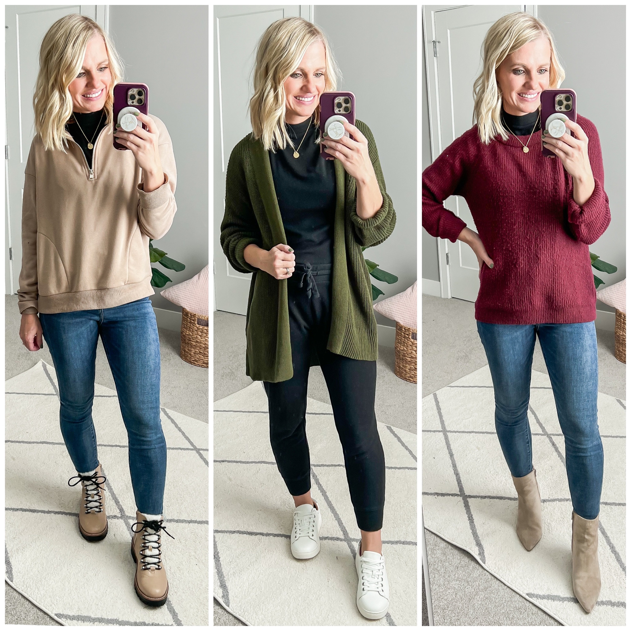 Outfit ideas from mom-friendly winter capsule wardrobe. Head over to thriftywifehappylife.com for more details!

#LTKfindsunder100 #LTKstyletip #LTKSeasonal