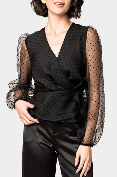 Surplice Wrap Top with Organza Dot Sleeve | Gibson