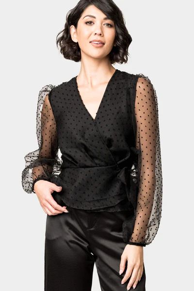 Surplice Wrap Top with Organza Dot Sleeve | Gibson