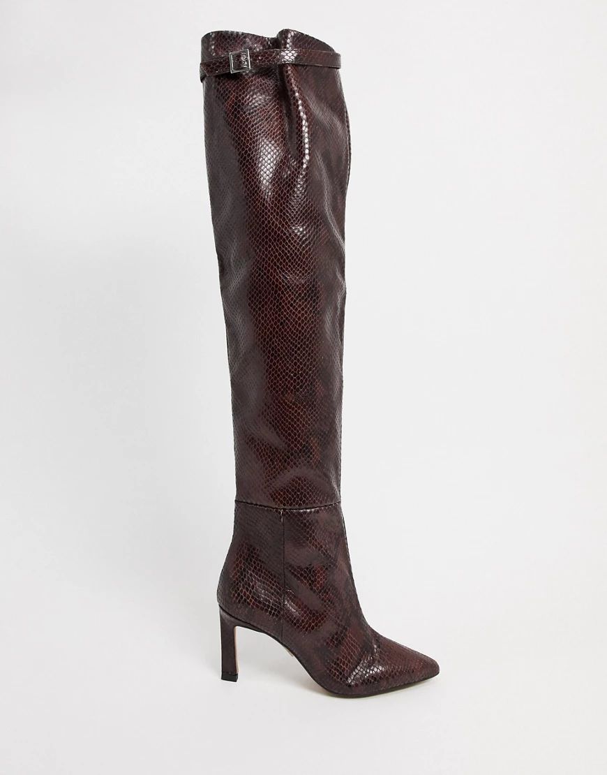 ASOS DESIGN Kenzie premium leather mid-heeled over the knee boots in snake-Brown | ASOS (Global)