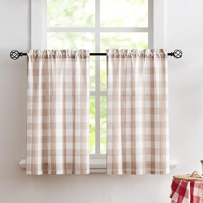 Treatmentex Buffalo Plaid Kitchen Curtains 36inch Taupe Tier Curtain Set for Laundry Basement Sma... | Amazon (US)
