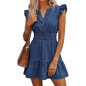 BISUAL Denim Dress for Women Ruffle Sleeve Empire Waist Jean Dress Flowy Tiered A Line Mini Denim... | Amazon (US)