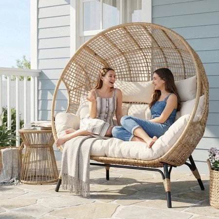 RADIATA Double Egg Chair for 2 Person, Oversized Wicker Loveseat with Thick Cushions, Indoor Outdoor Stationary Patio Lounge Chair for Balcony, Garden, Beige | Walmart (US)