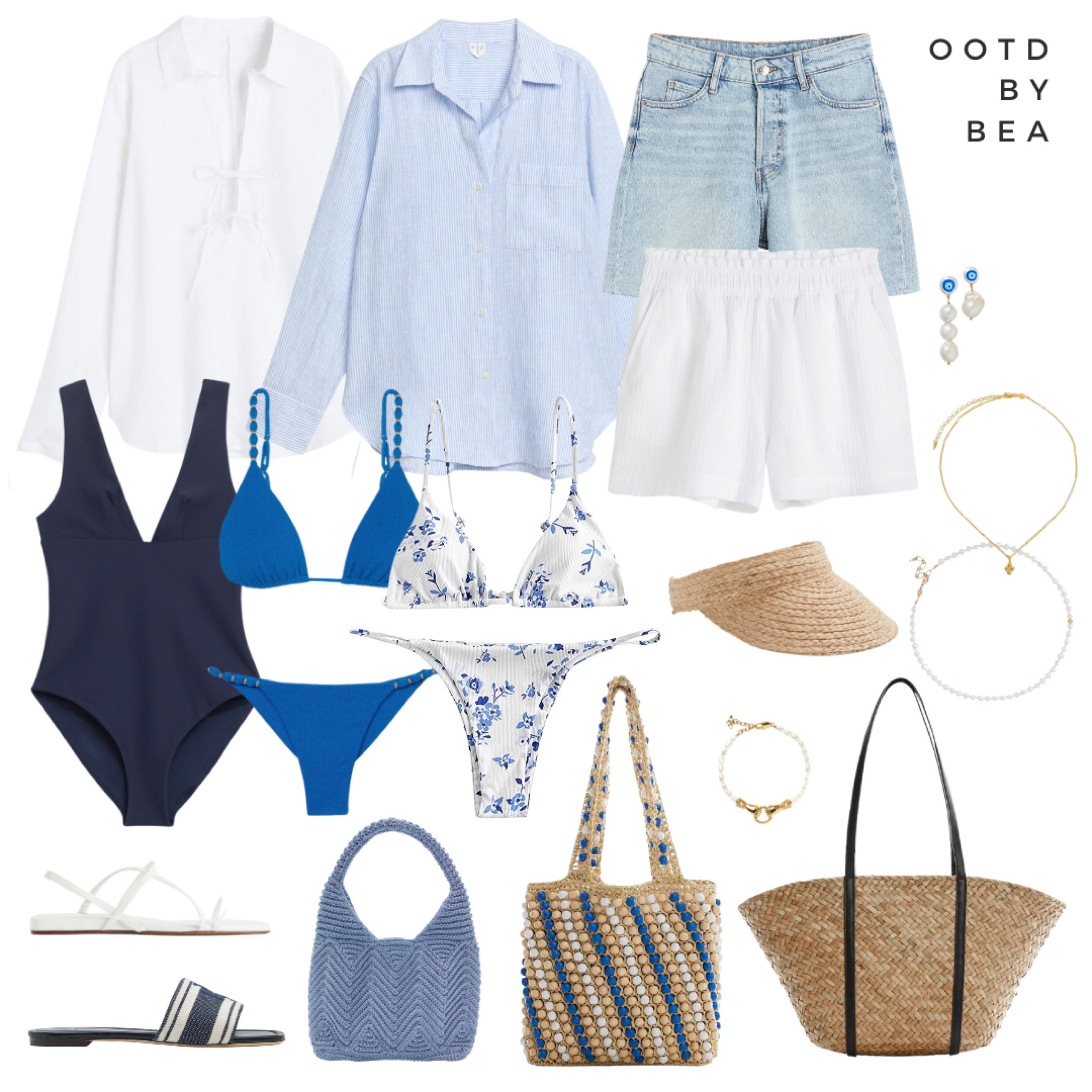 Holiday in Greece🇬🇷 

A mini capsule collection of beach essentials for your next vacation in Greece includes 2 shirts - white with tie details and a striped blue shirt, white linen shorts, linen trousers & denim shorts, a navy one piece bathing suit, 2 bikinis, a pair of strappy white sandals & blue slides.

For bags you have 3 beach bags - a bigger straw tote, a mini blue bag and a small tote with blue and white beads. 

We’re sticking to gold jewellery with a pearl necklace choker, a cross necklace, a Missoma bracelet & evil eye earrings🧿 

#LTKSeasonal #LTKtravel #LTKstyletip