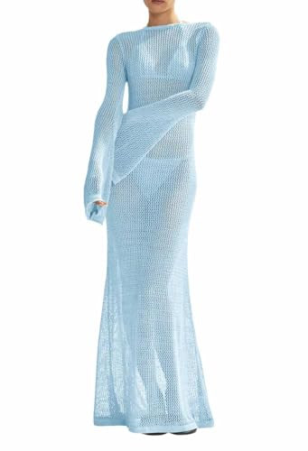 Saodimallsu Womens Crochet Cover Ups Long Sleeve Sexy Mesh Backless Knit Swimsuit Coverup Beach M... | Amazon (US)