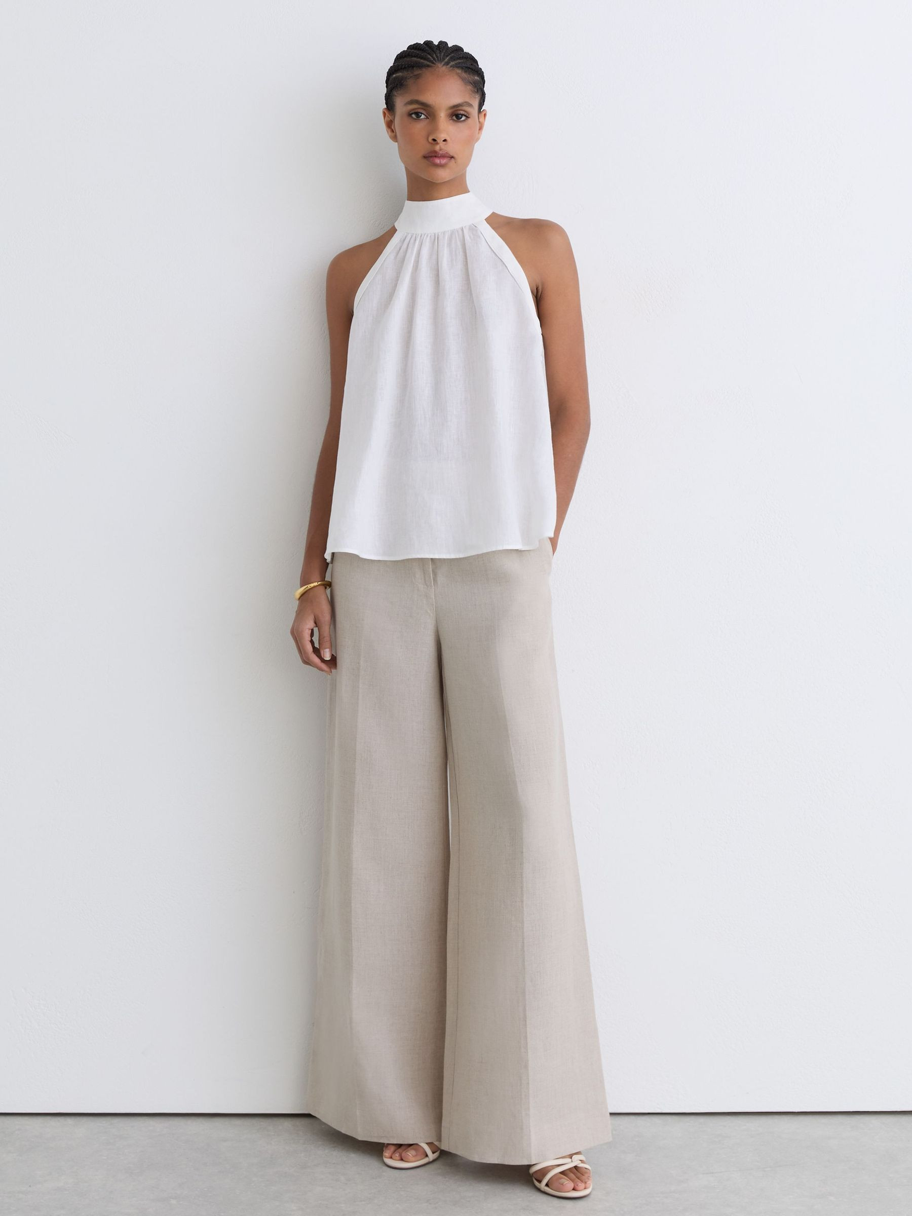 Reiss Linen Sleeveless Scarf-Neck Top in Ivory - REISS | Reiss UK