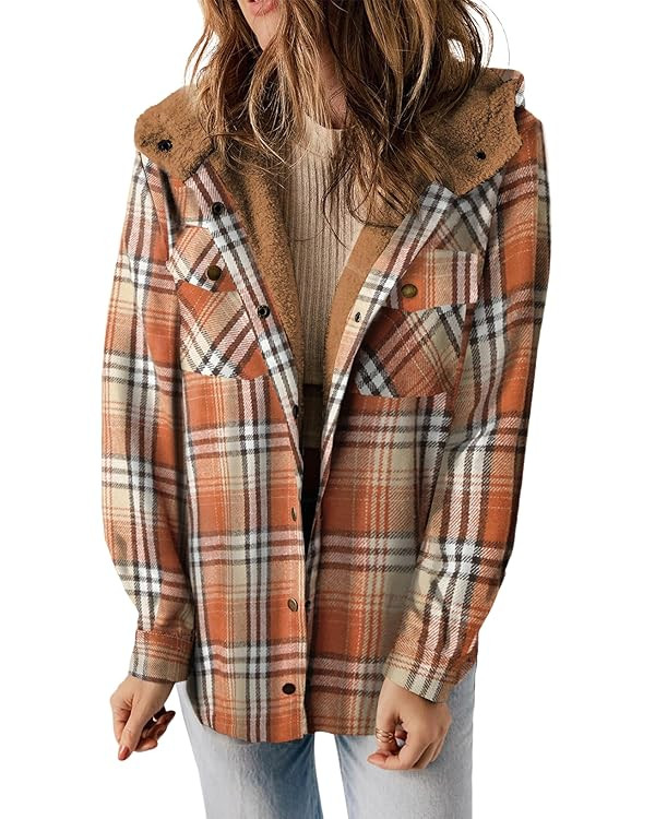 Dokotoo Womens Plaid Shacket Jacket Long Sleeve Button Down Fleece Hooded Jackets Warm Coat | Amazon (US)