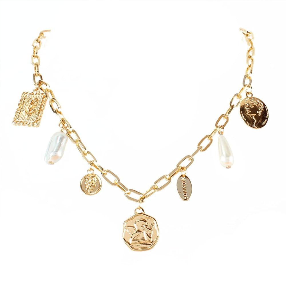 Gold Charm Necklace for Women White Pearl Choker Necklace Head Portrait Square Pendant Necklace B... | Amazon (US)