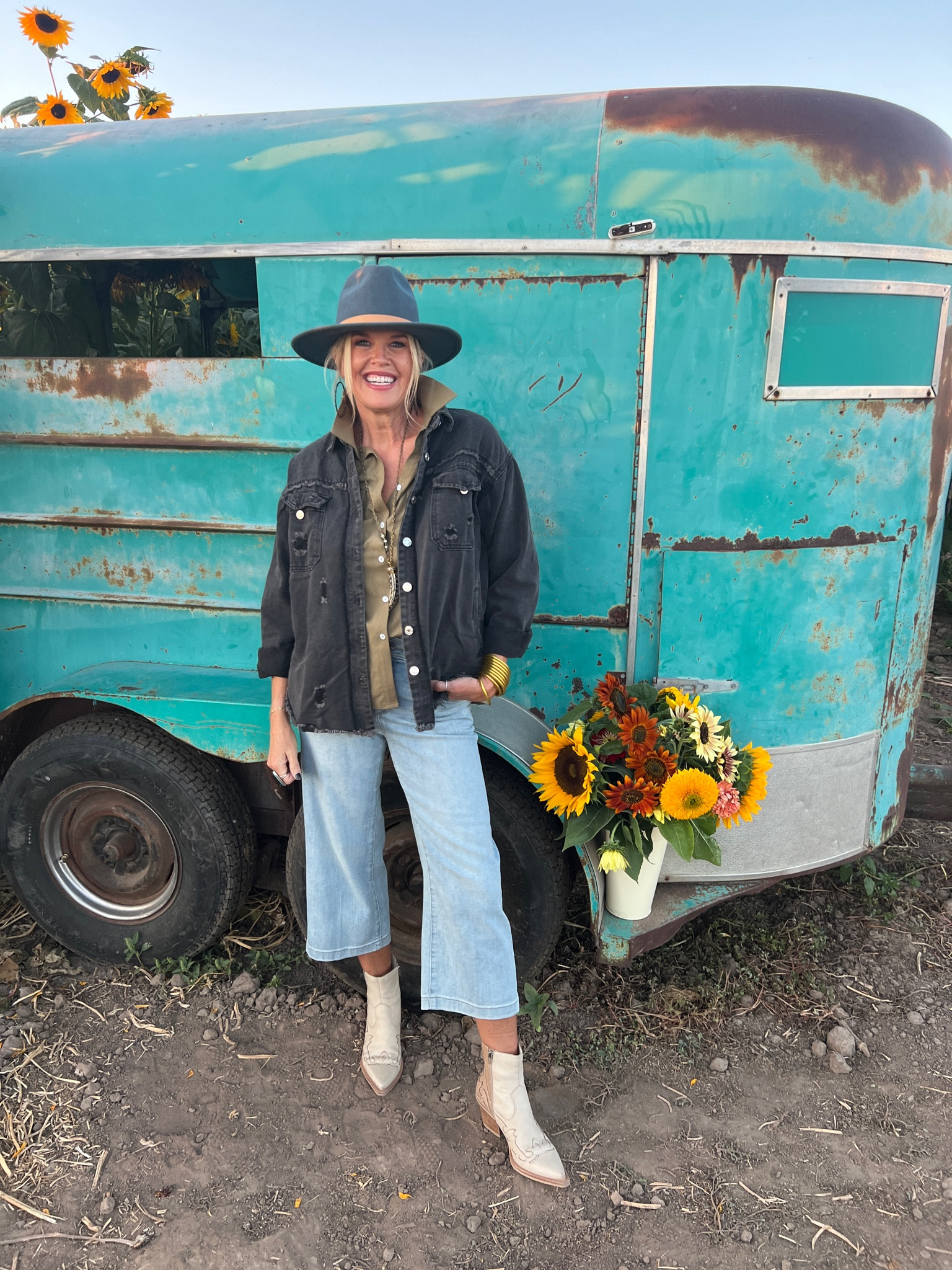 Fall outfit inspo

Sale alert $44 
Chicos wide leg crop pants perfect with a bootie..
Pants fit tts I am on the 4 

Bootie is dolce vida two tone with a little western vibe (last years) linking similar 

Olive button up Amazon find 

 Amazon denim shacket jjacket slightly distressed, affordable & fits tts and so perfect for summer to fall weather 

Petal necklace a vintage horn 

Hat lack of color 


#LTKFindsUnder50 #LTKSaleAlert #LTKStyleTip