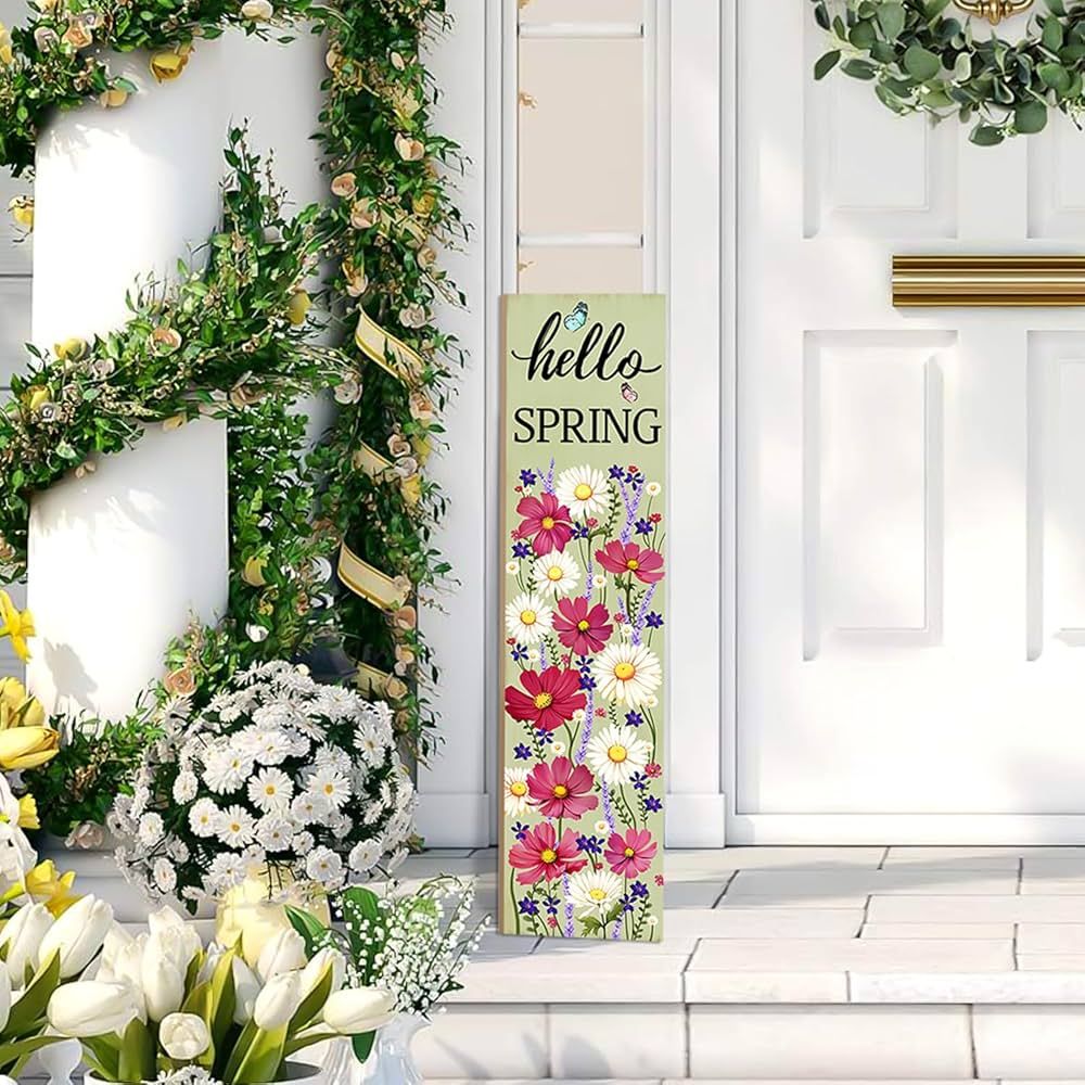 Hello Spring Wooden Sign, Rustic Porch Sign for Front Door Decorations, Spring Lawn Decor Garden ... | Amazon (US)