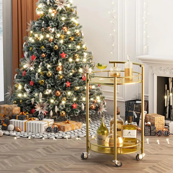 Gold 2-Tier Round Bar Cart With Handle, Rolling Serving Cart With Metal Wine Rack & Casters For H... | Wayfair North America