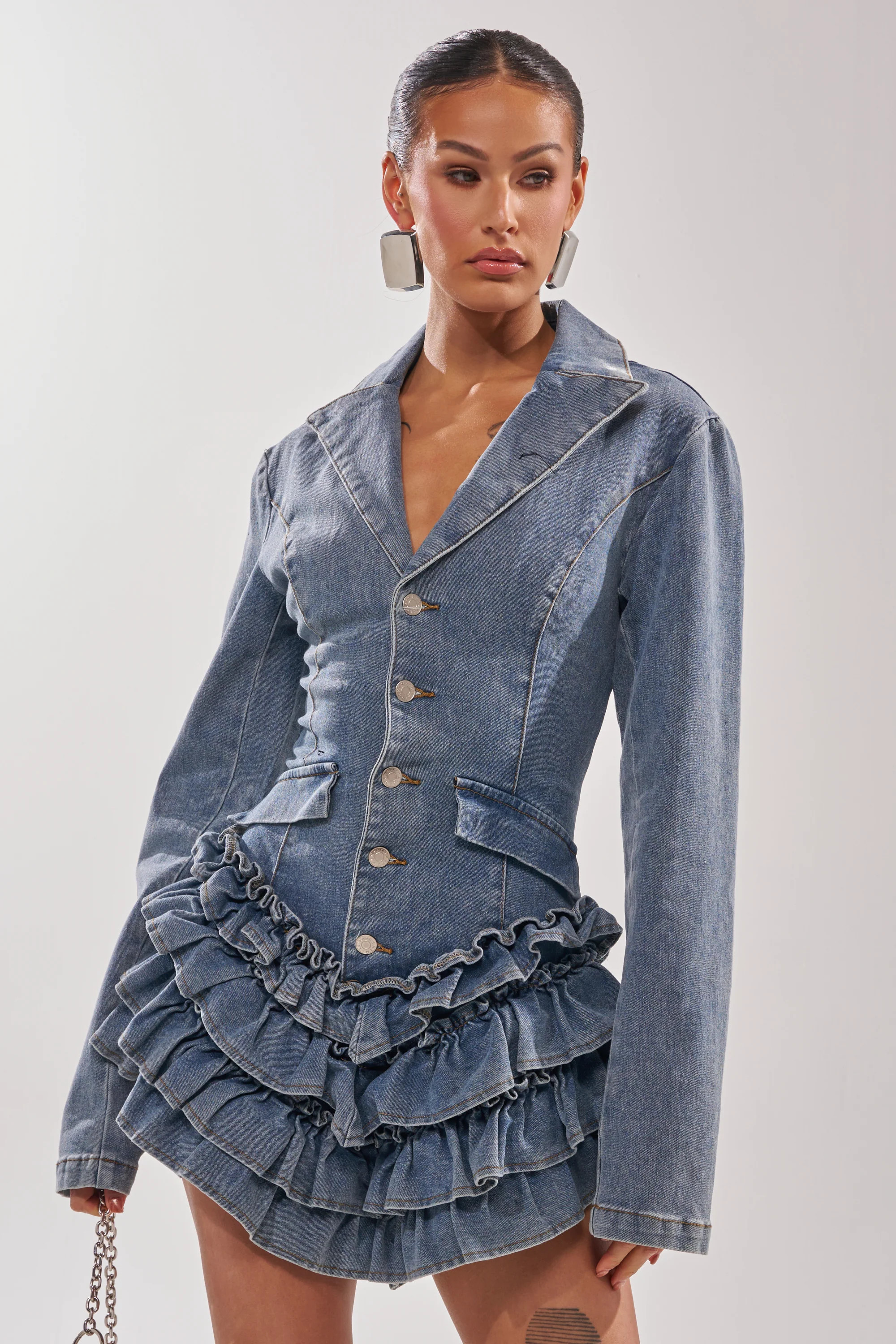 STRICTLY BUSINESS ROMPER IN LIGHT BLUE DENIM | AKIRA