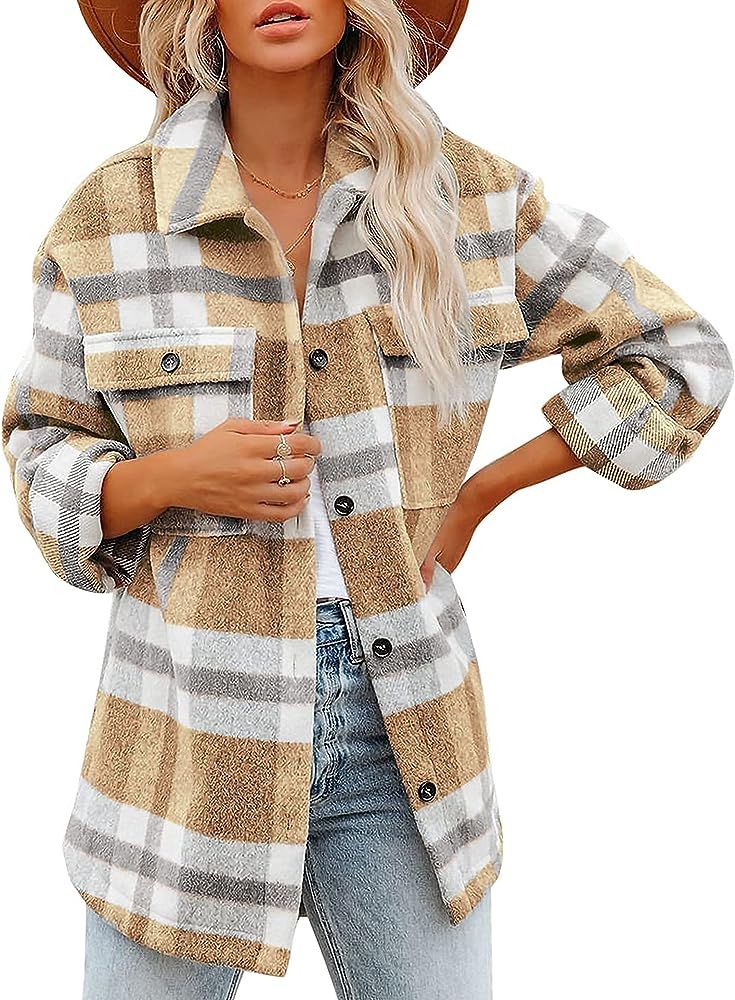 Yeokou Women's Fall Color Block Plaid Flannel Shacket Jacket Button Down Shirt Coat Tops | Amazon (US)