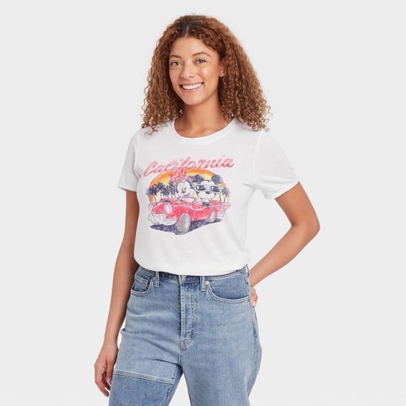 Women's Disney Mickey and Minnie Short Sleeve Sunset Drive Graphic T-Shirt - White | Target