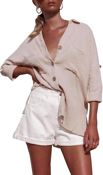 CORAFRITZ Women's Casual Button Down Blouse Shirts Roll Up Sleeve Shirt Collar Loose Shirt Linen ... | Amazon (UK)