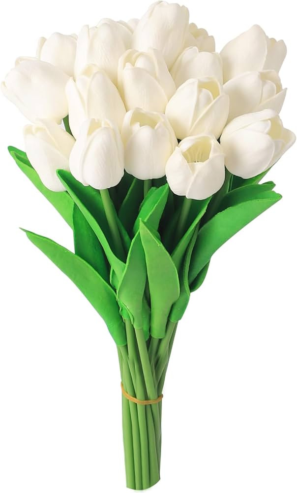 20 Pcs Fake Tulips, White Artificial Flowers 13.5'', Fake Flowers for Decoration, Silk Flowers Bu... | Amazon (US)