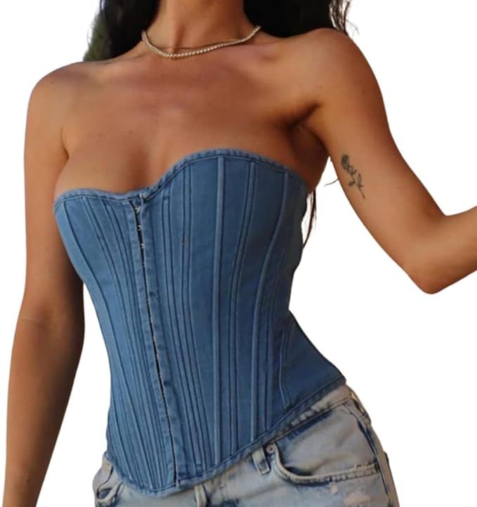 Fronage Denim Corset Top for Women,Sexy Sleeveless Slim Front Hook Waist Cincher Bustier Jean Cor... | Amazon (US)