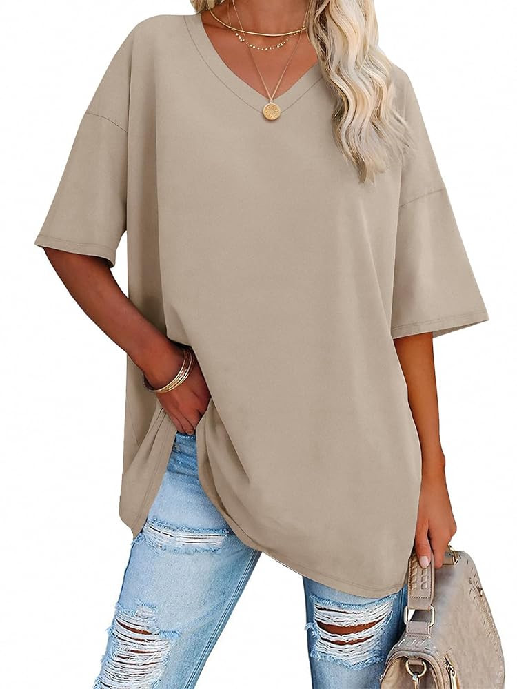 ATHMILE Womens Summer Oversized Shirts V Neck Plus Size Spring Workout Tops Beach Vacation 2025 G... | Amazon (US)
