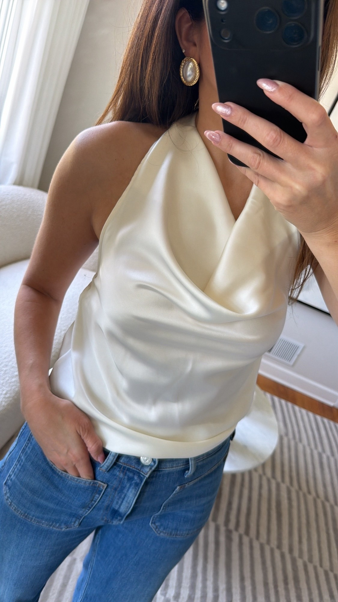 I found earrings almost identical to mine that are on sale in our under $50. I also linked a similar top to mine. Ralph Lauren jeans, outfit idea, date, night, spring, summer, halter, silk, white.

#LTKSaleAlert #LTKootd