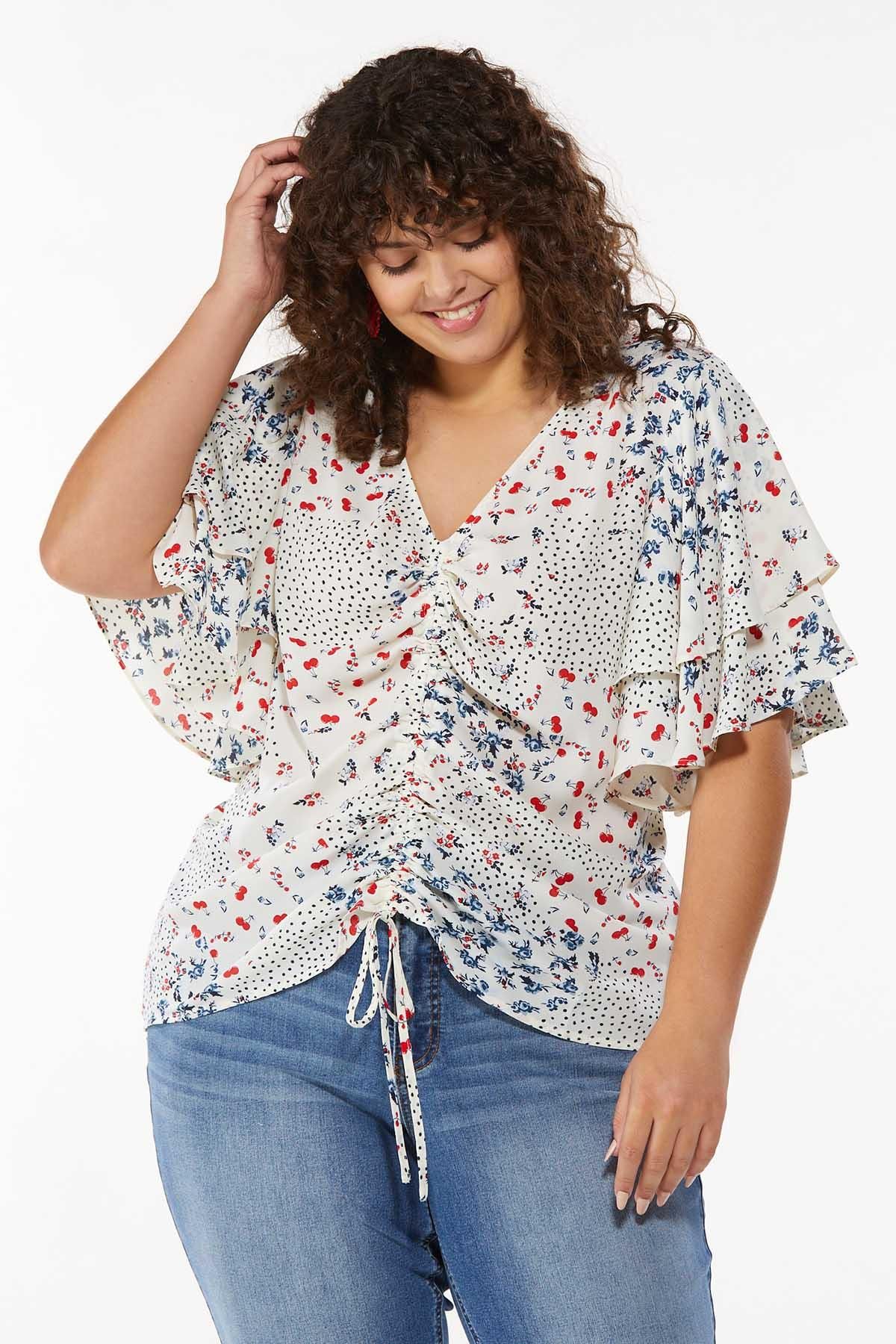 Plus Size Ruched Cherry Floral Top | Cato Fashions