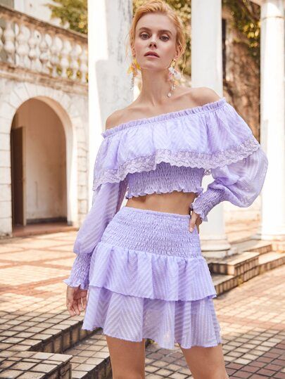 SHEIN Off Shoulder Embroidery Mesh Trim Foldover Shirred Swiss Dot Top & Skirt Set | SHEIN
