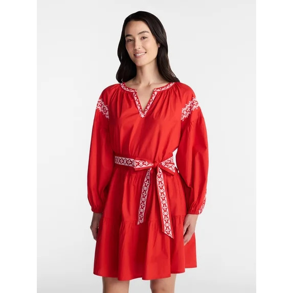 Time and Tru Women's Embroidered Cotton Mini Dress with Long Sleeves, Sizes XS-XXXL | Walmart (US)