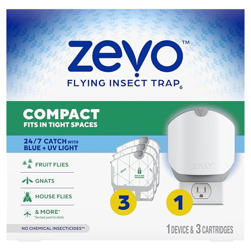 Zevo Compact Flying Insect Trap Kit with Refill Cartridges - Plug-in Indoor Bug Catcher for Gnats, House & Fruit Flies - Blue + UV Light Technology, No Odor, No Mess (1 Plug-in Device + 3 Cartridges) | Amazon (US)