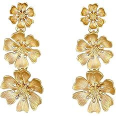 Laura Ashley Womens Jewelry Gold and Silver Triple Flower Drop Floral Dangle Earrings with Crysta... | Amazon (US)