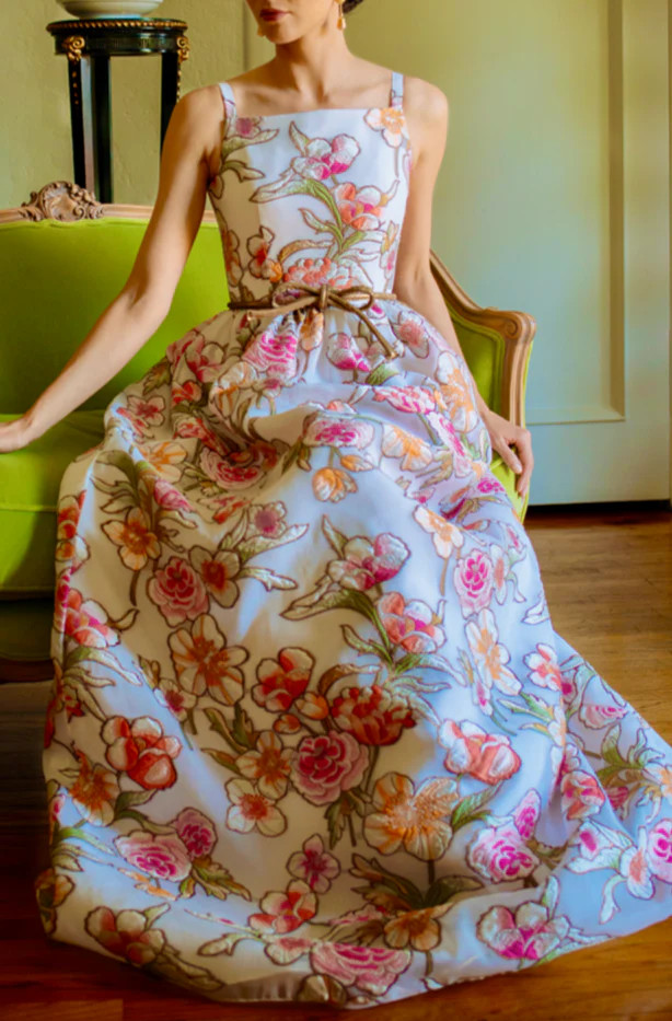 Fit and Flare Dirndl Skirt Embroidered Floral Organza Gown | Over The Moon